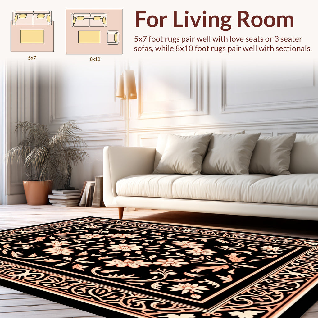 Ornate Floral Scrollwork Black Rug