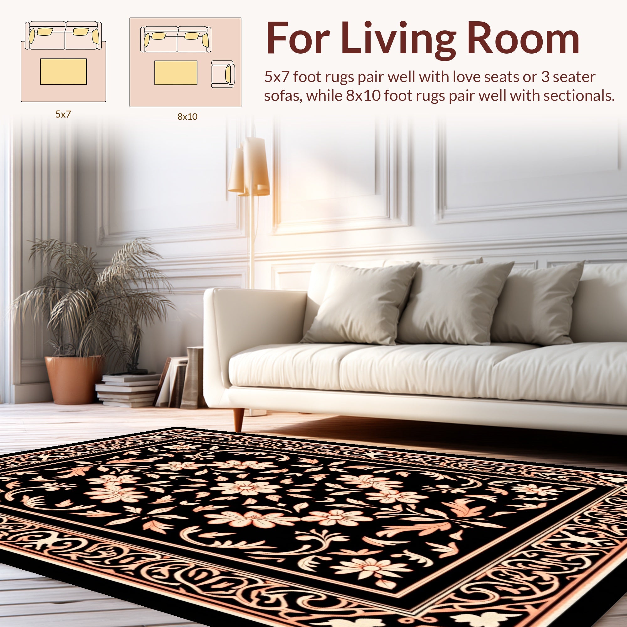 Ornate Floral Scrollwork Black Rug