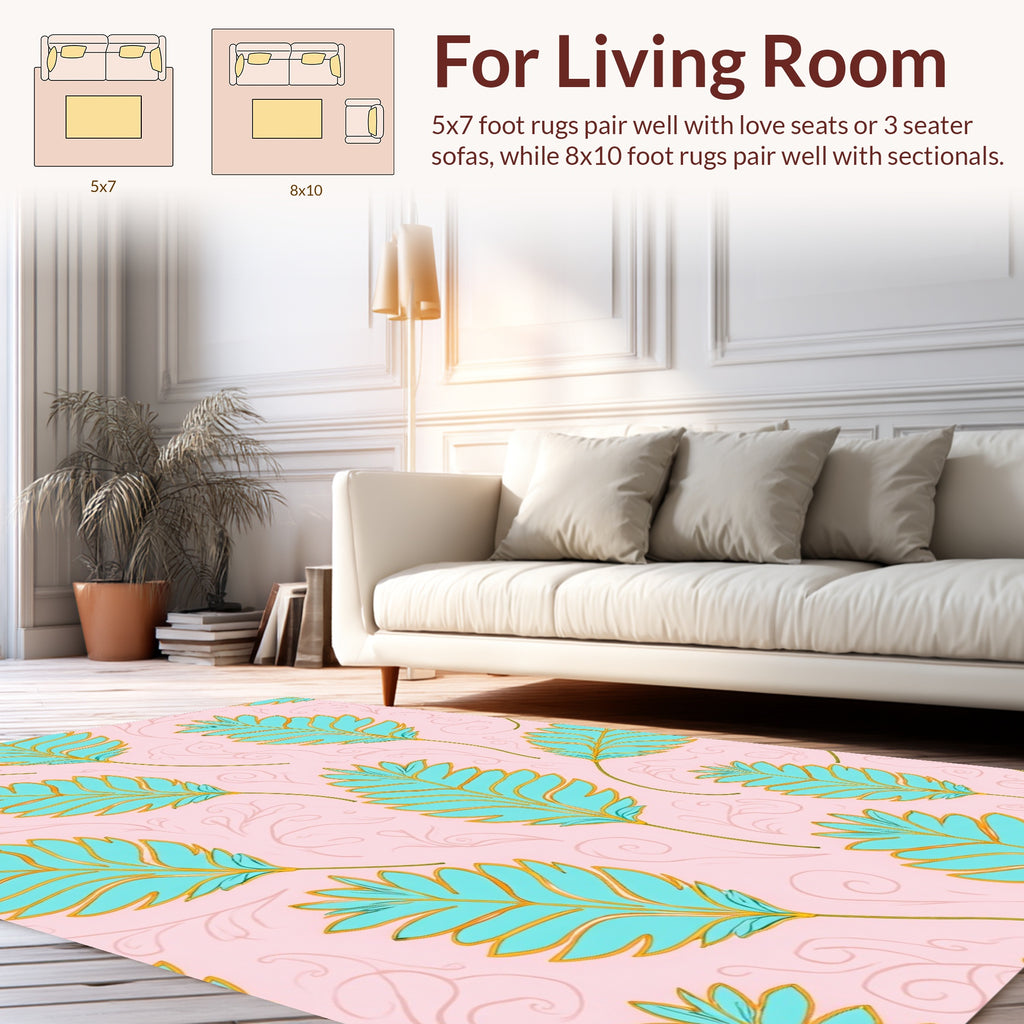 Aqua Leaf Pattern on Light Pink Background Rug
