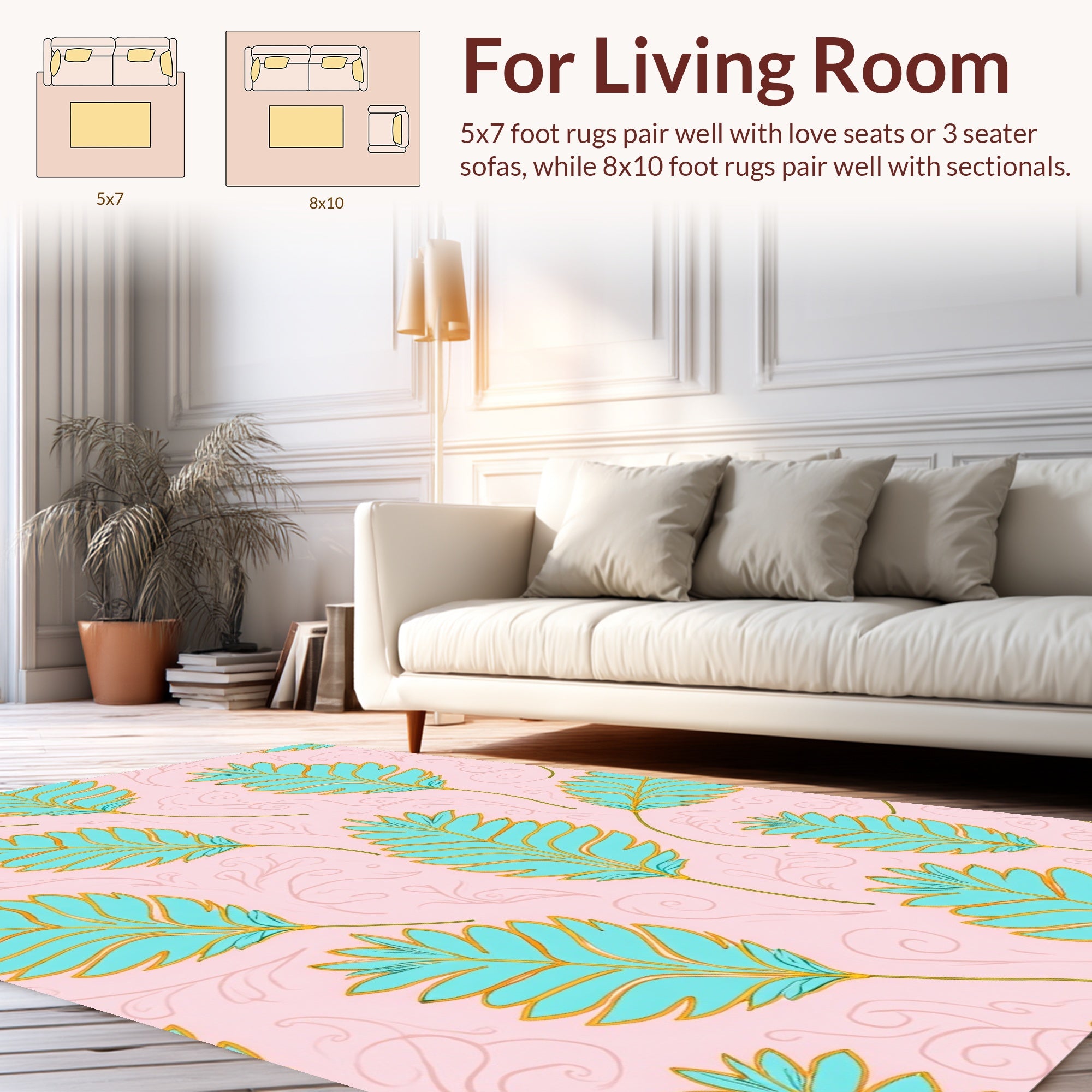 Aqua Leaf Pattern on Light Pink Background Rug