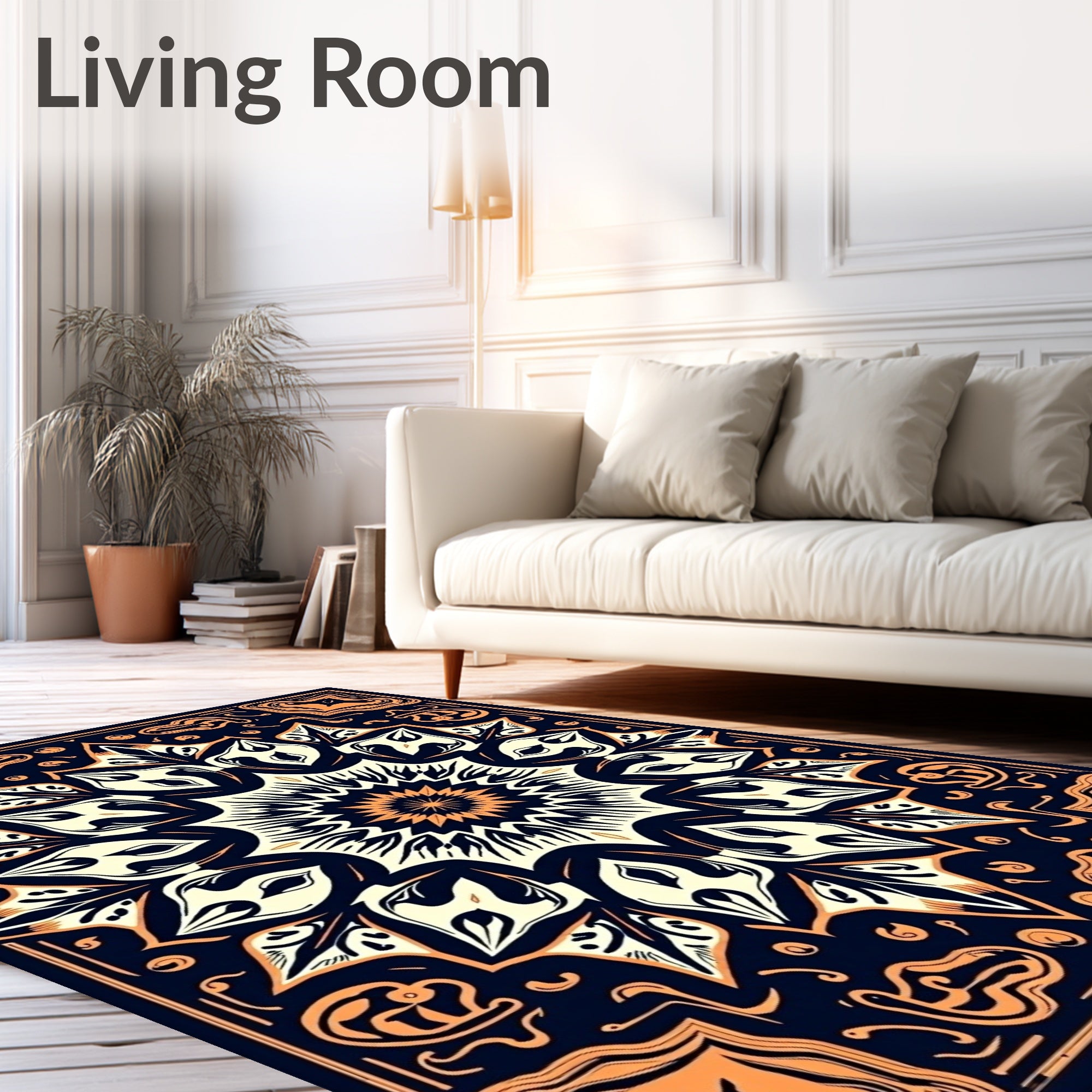 Navy Orange Floral Medallion Rug