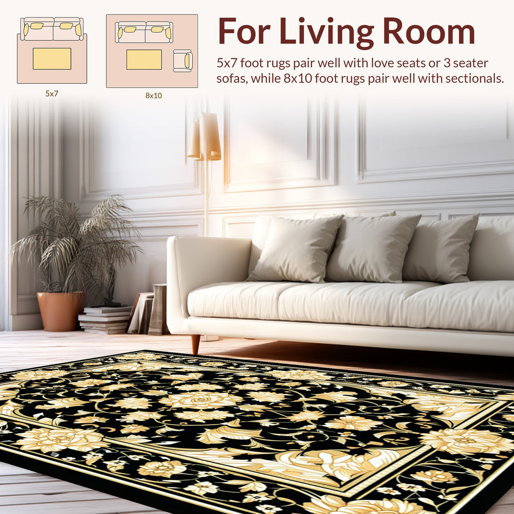 Elegant Black Gold Floral Pattern Rug