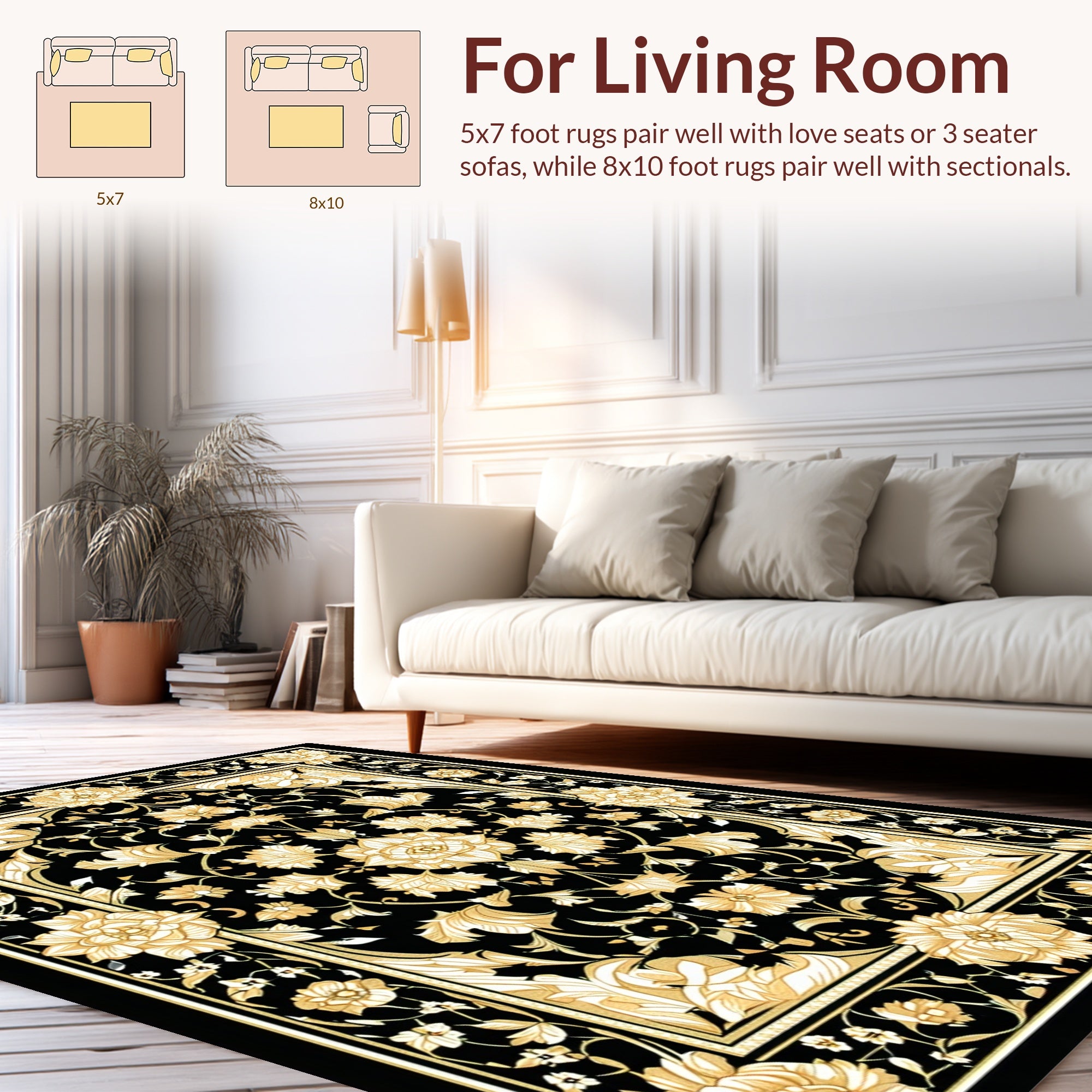 Elegant Black Gold Floral Pattern Rug