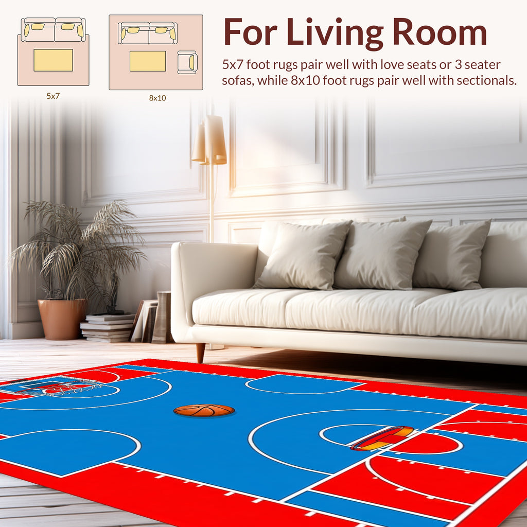 Dynamic Red Blue Basketball Court Rug