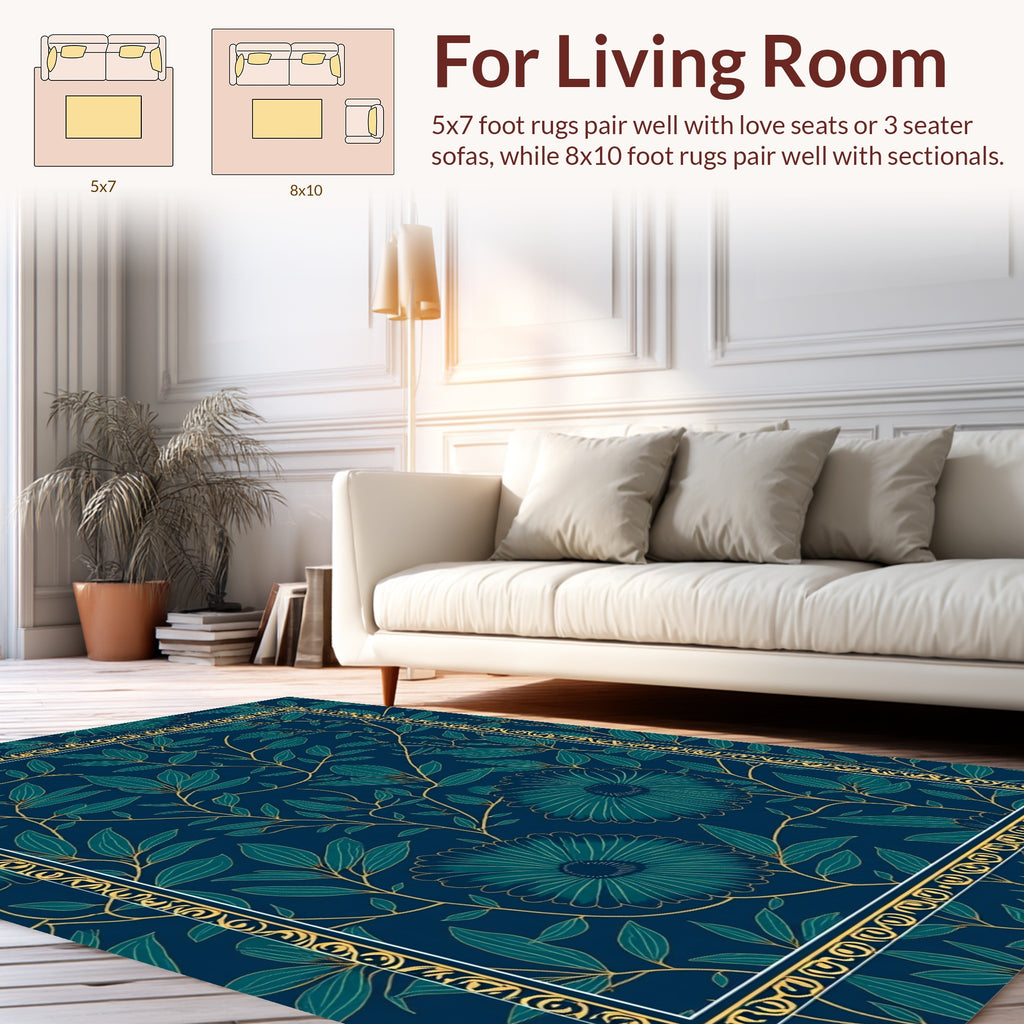 Deep Teal Floral Vine Bordered Rug