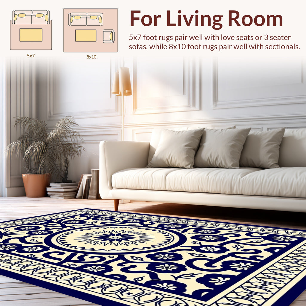 Navy Floral Starburst Vine Motif Rug