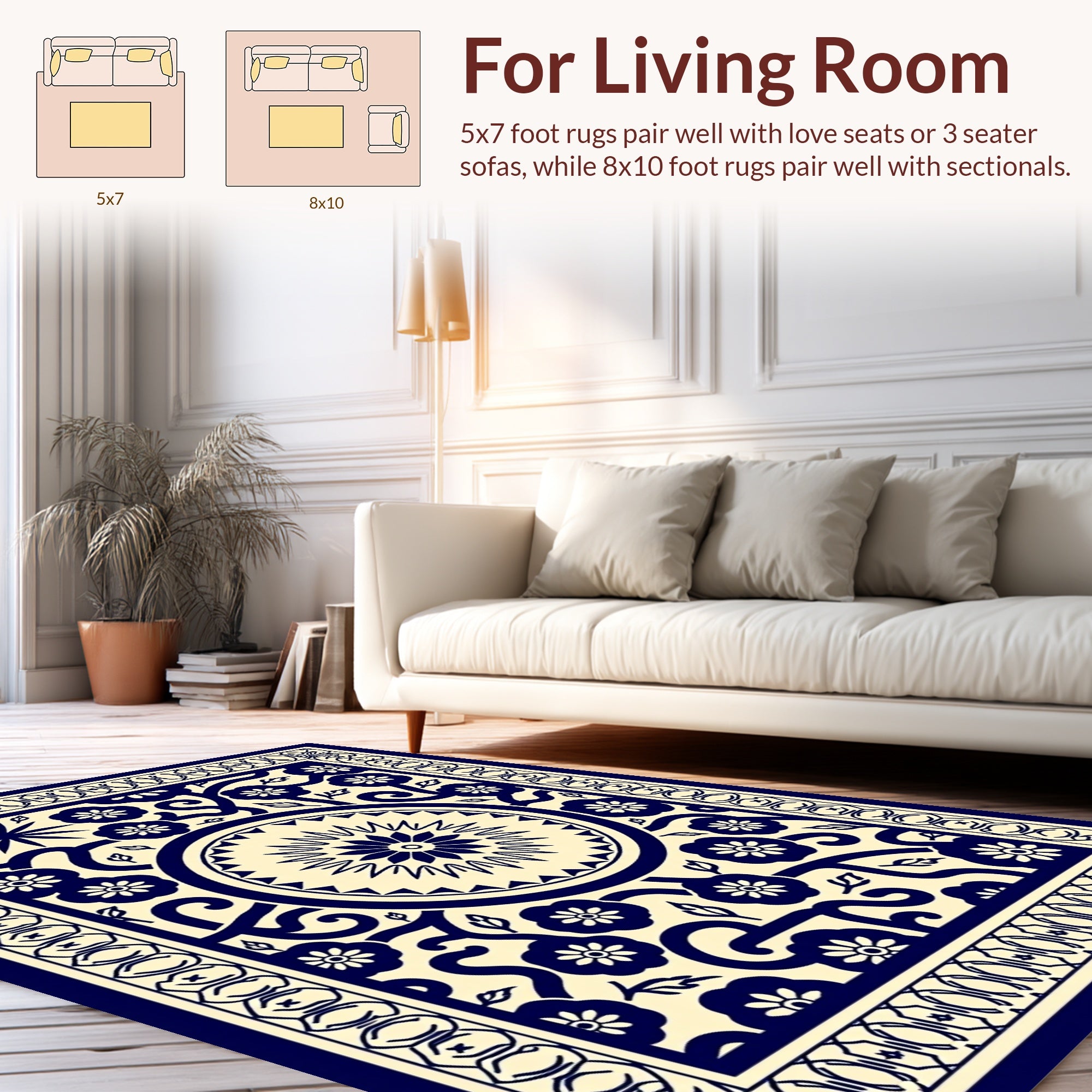 Navy Floral Starburst Vine Motif Rug