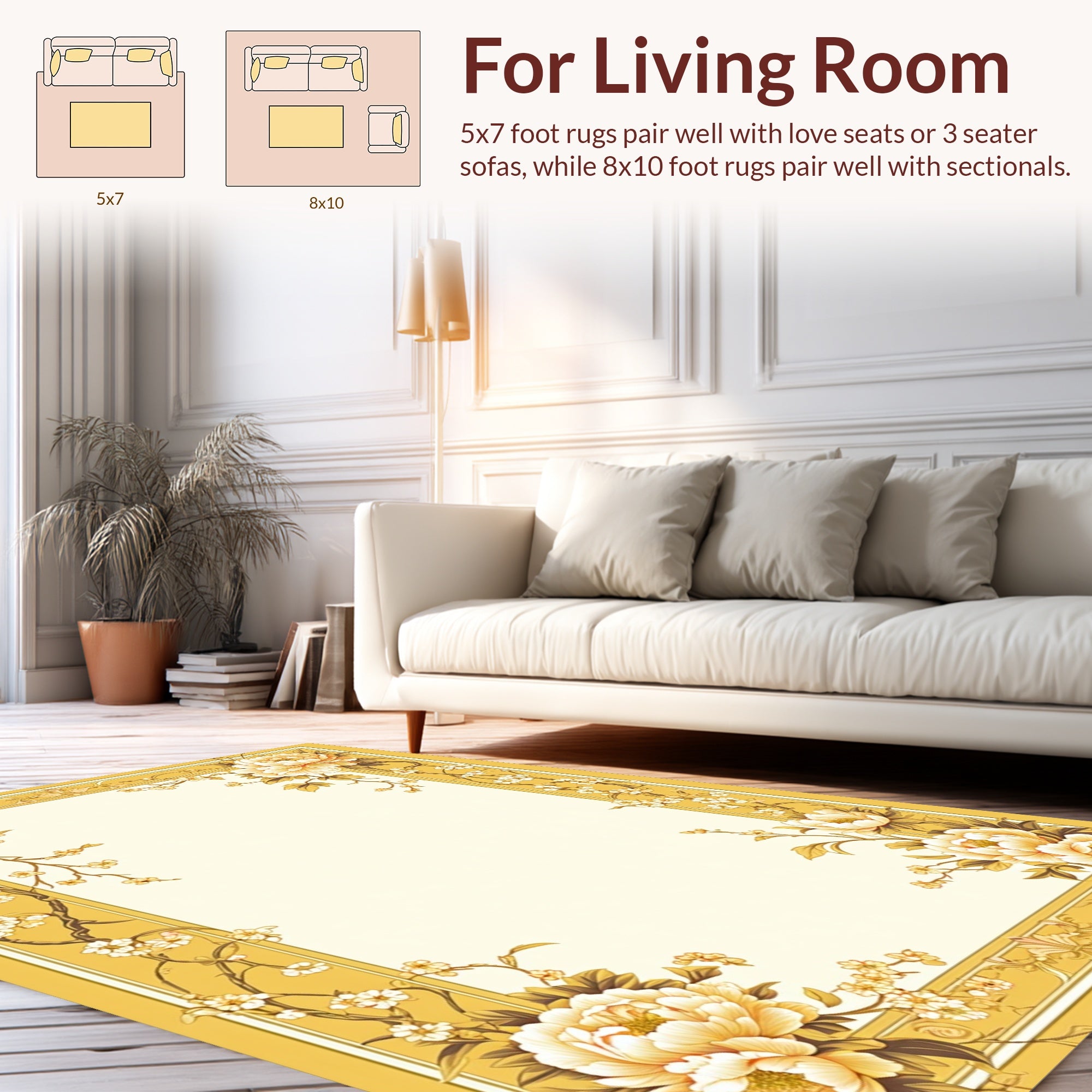 Golden Floral Botanical Border Design Rug