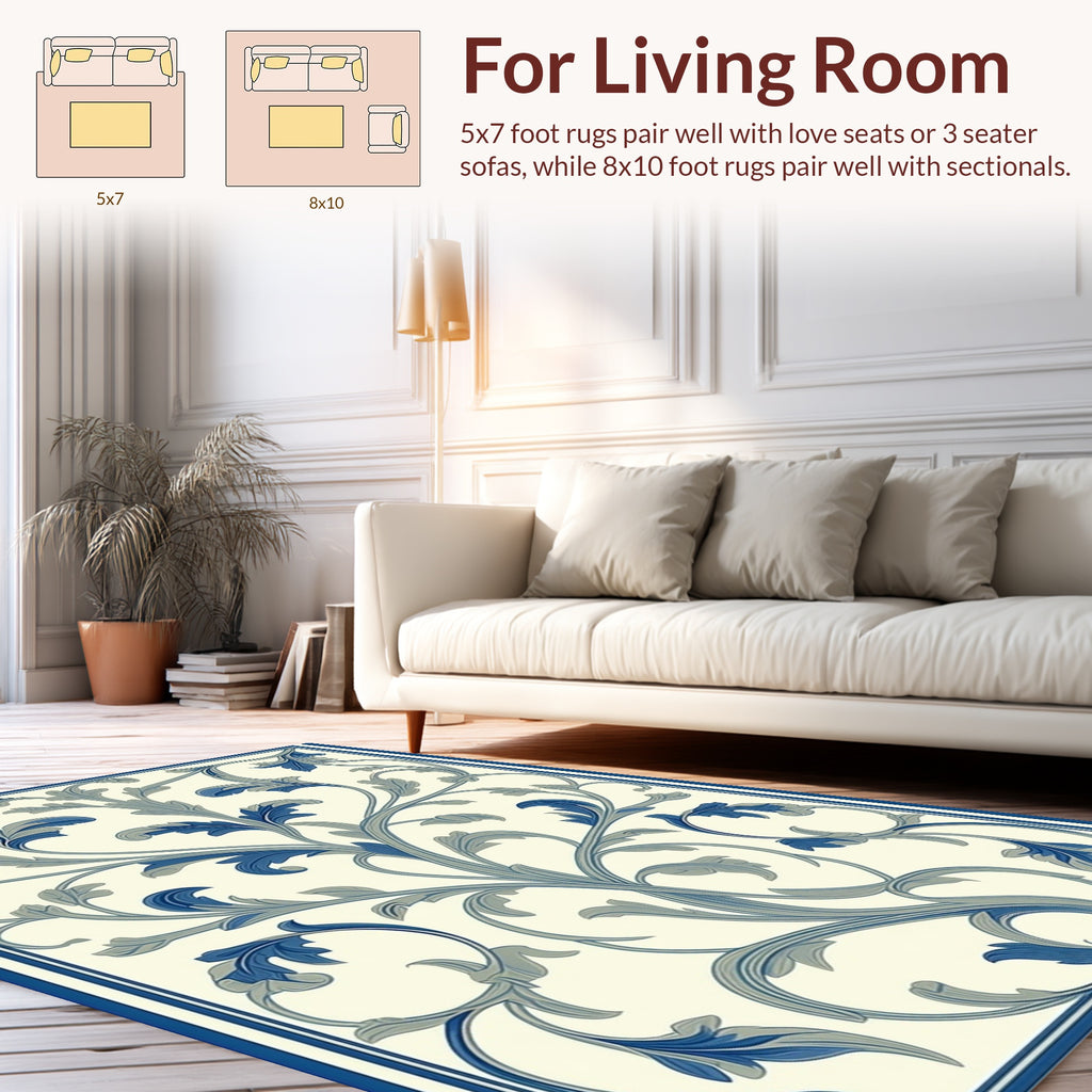 Classic Blue Floral Scroll Design Rug