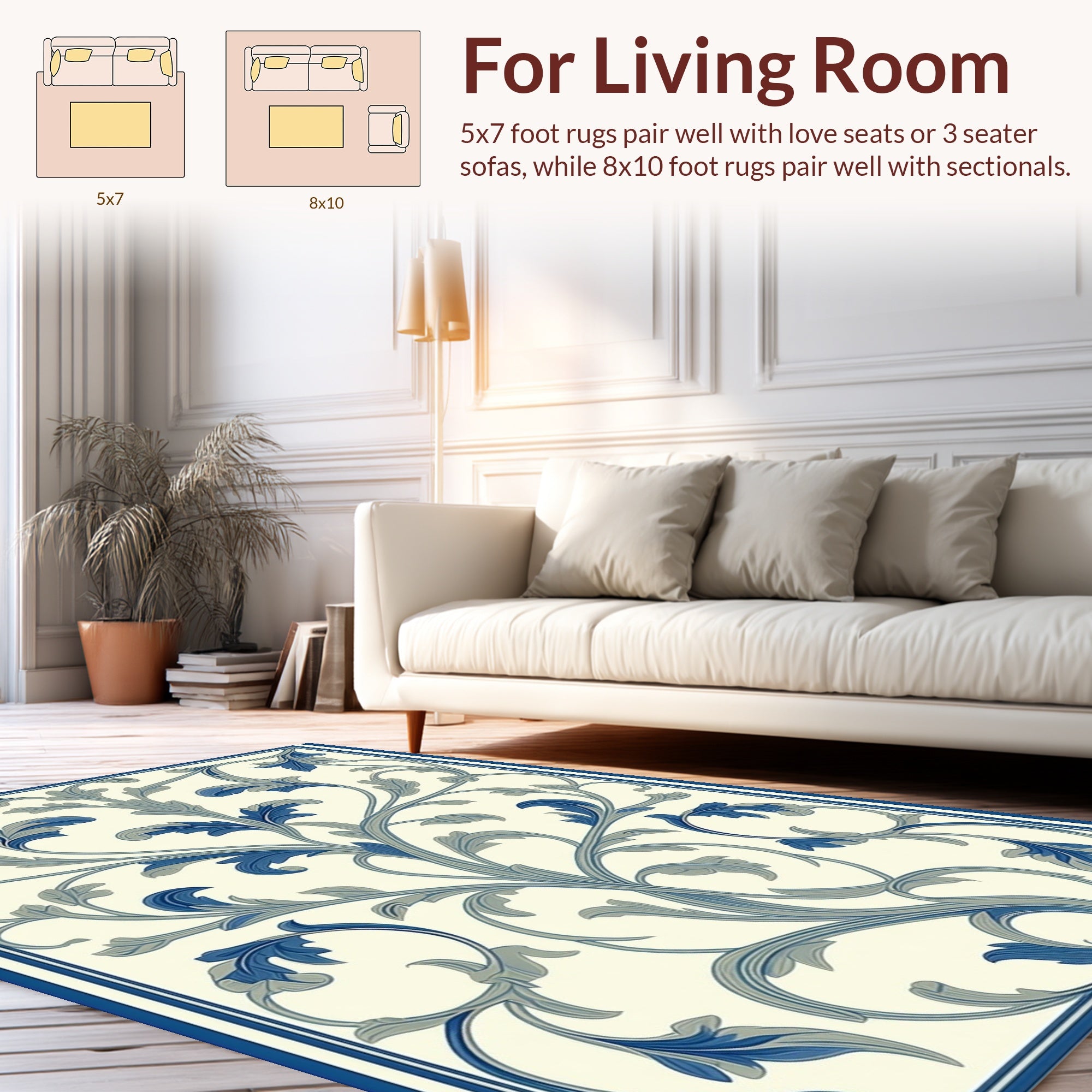 Classic Blue Floral Scroll Design Rug