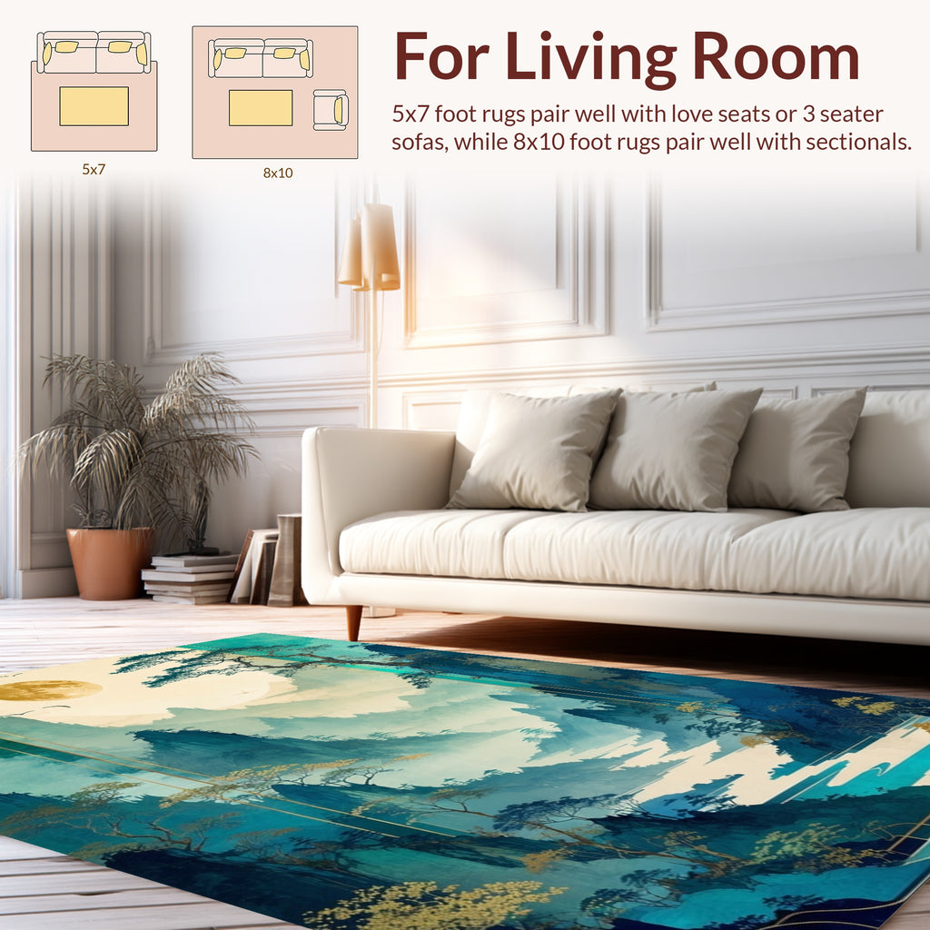 Misty Mountain Landscape With Moon Design Rug