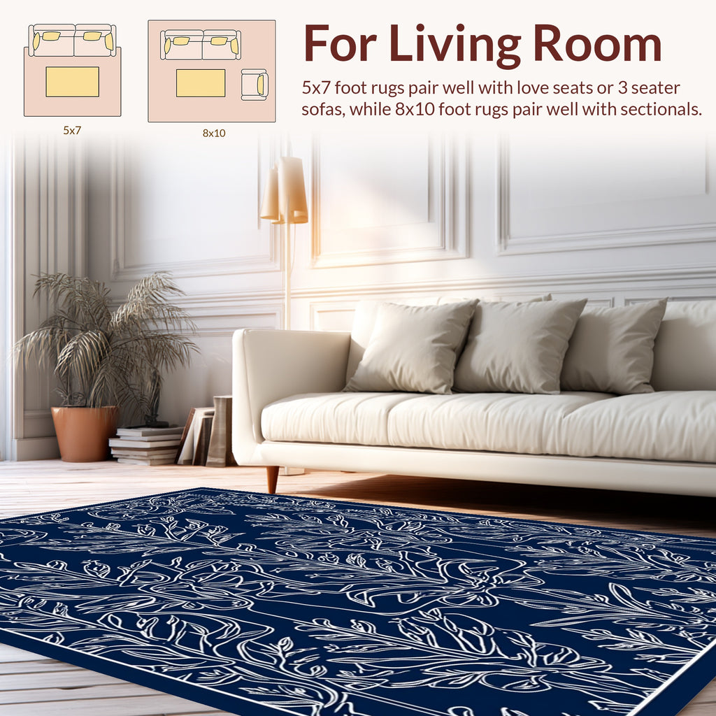 Ornate Blue Floral Scrollwork Design Rug
