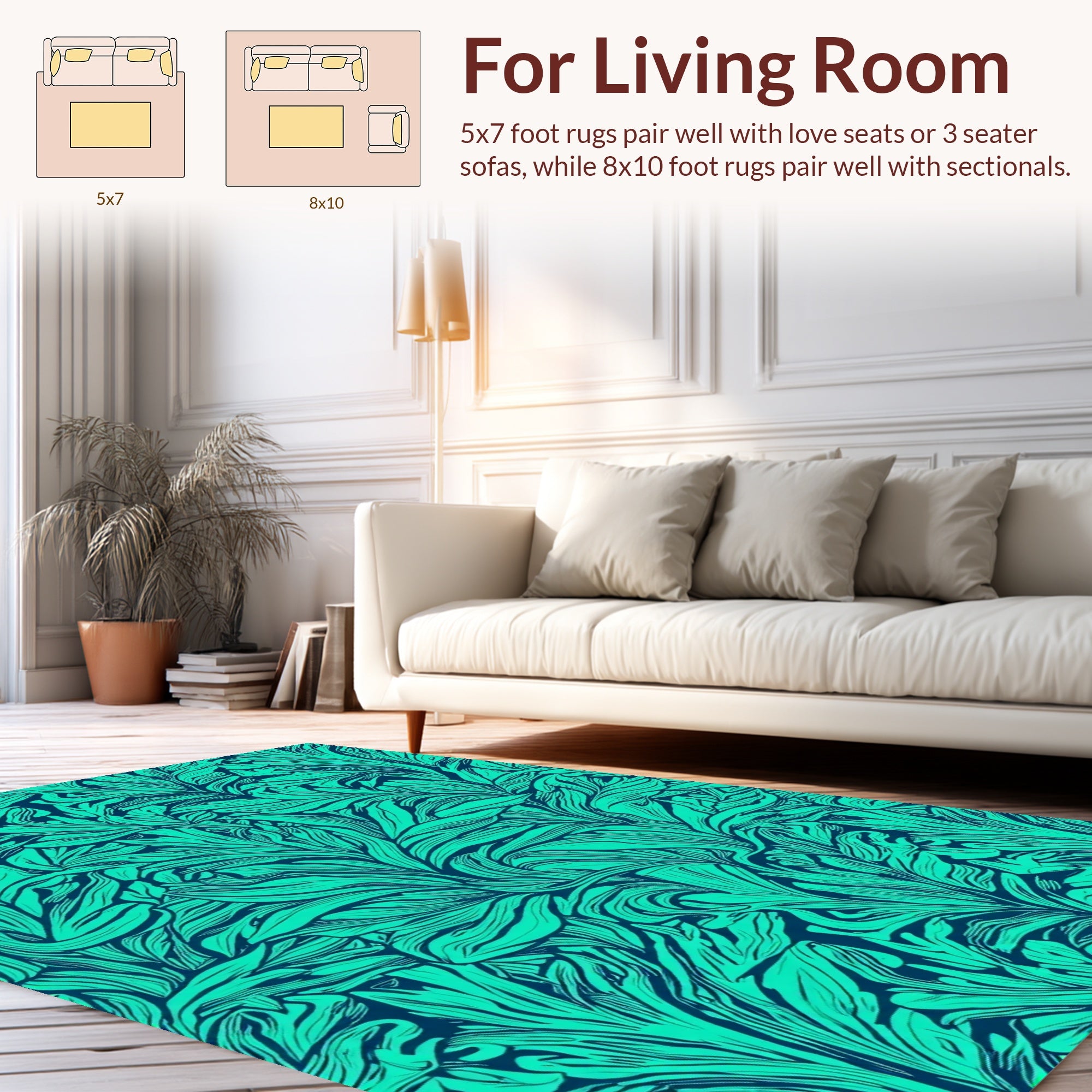 Teal Leaf Patterned Abstract Rug