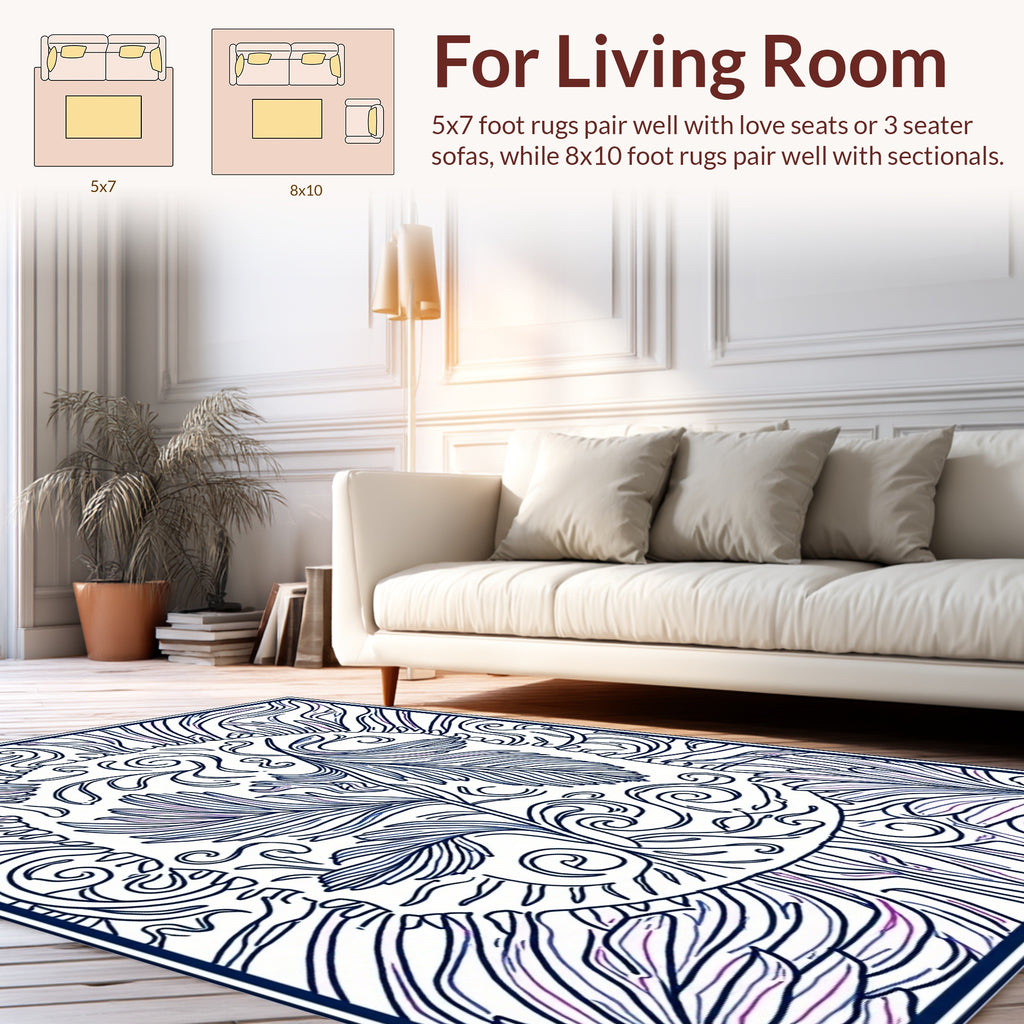 Intricate Blue Purple Floral Swirls Design Rug