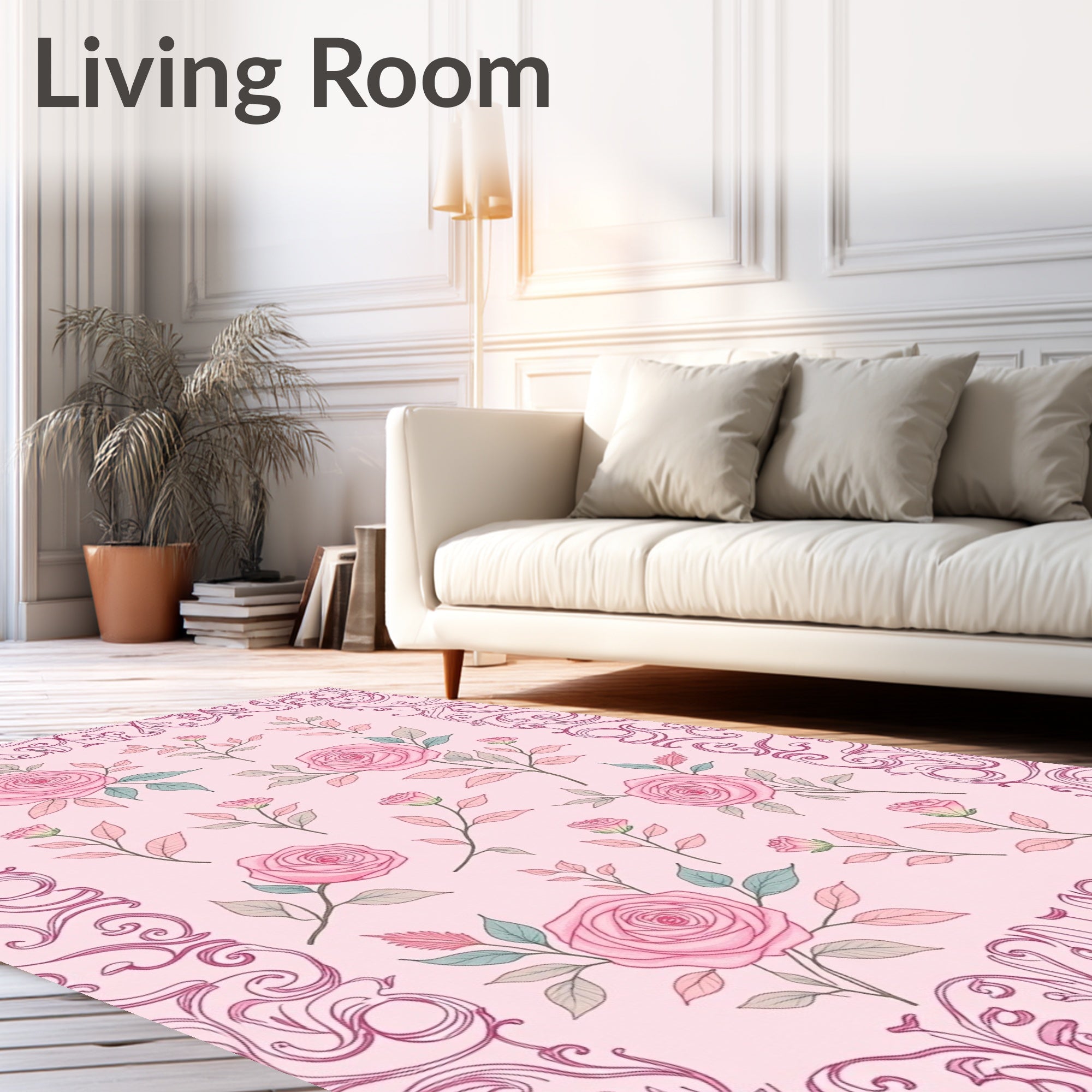 Pastel Pink Rose Floral Border Rug