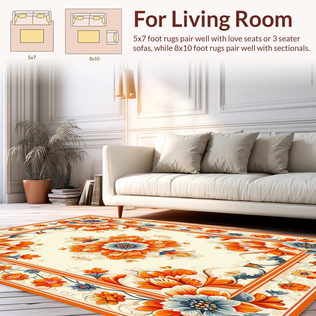 Ornate Floral Bordered Cream Rug
