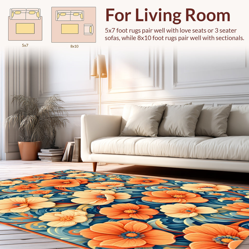 Vibrant Orange Peach Floral Pattern Rug