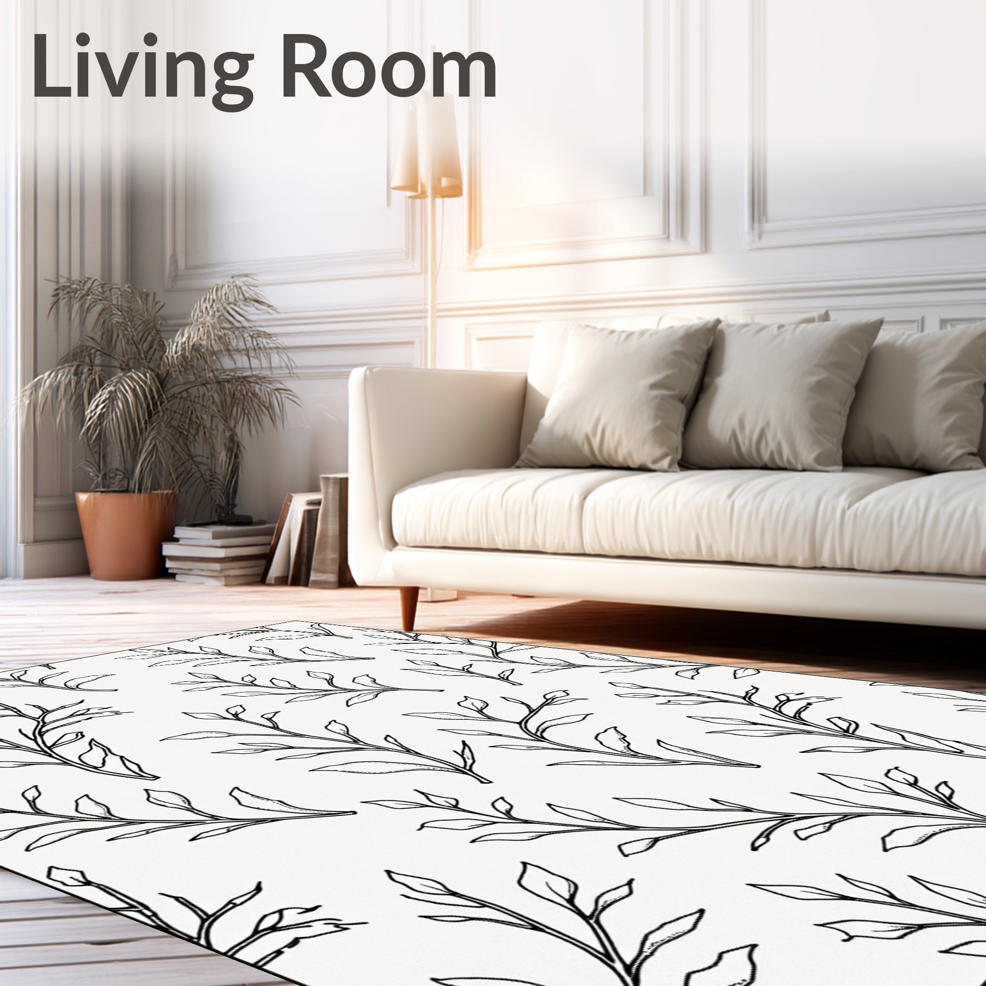 Botanical Black Line Art Branches Rug