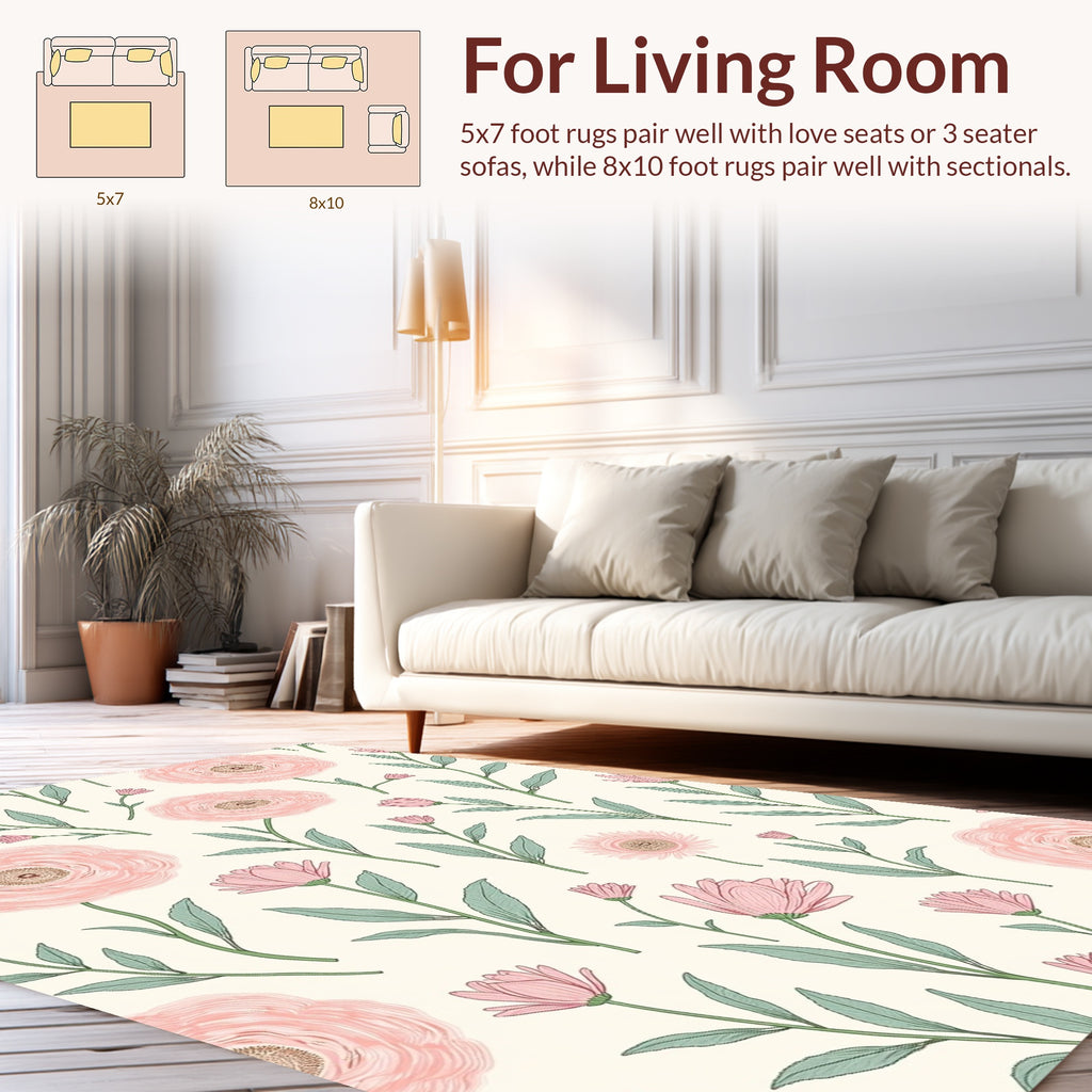 Delicate Pink Floral Botanical Pattern Rug
