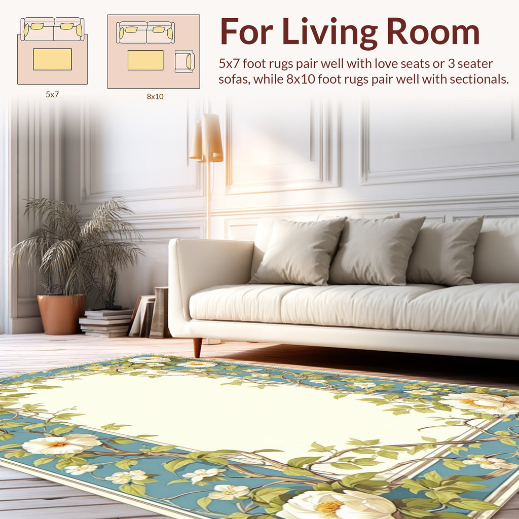 White Peony Vine Floral Pattern Rug