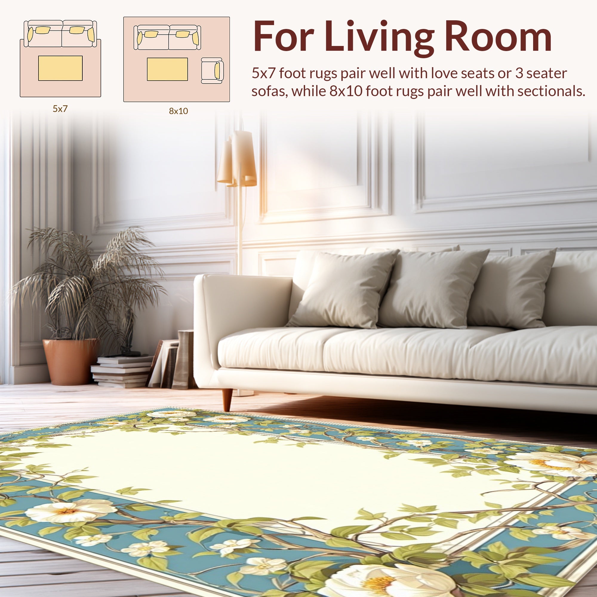 White Peony Vine Floral Pattern Rug