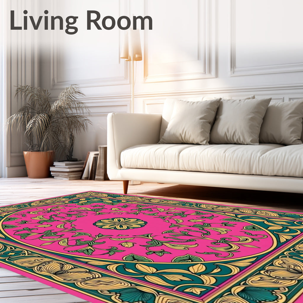 Vibrant Pink Floral Vine Border Rug