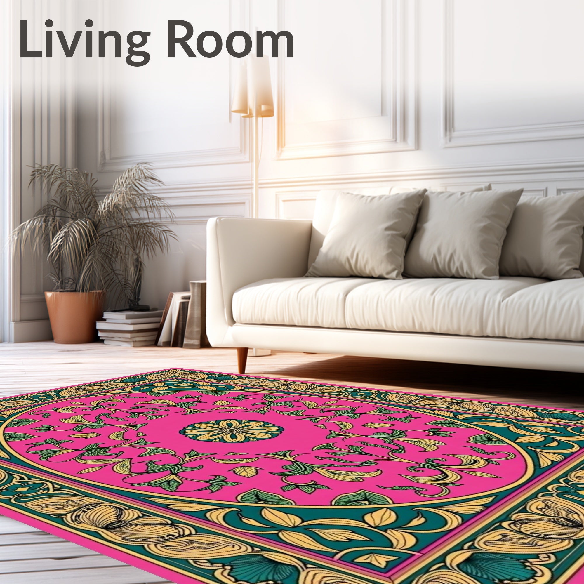 Vibrant Pink Floral Vine Border Rug