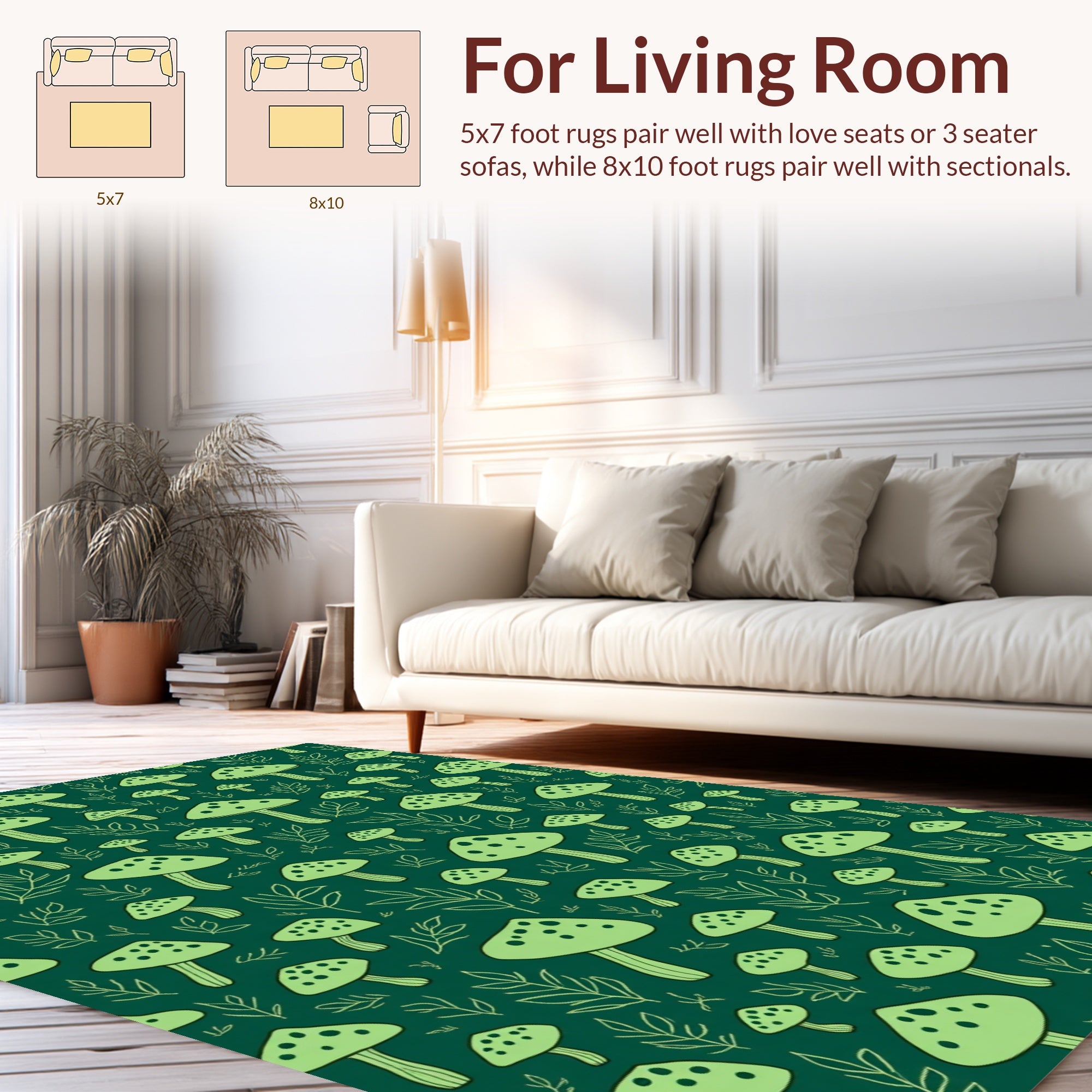 Woodland Mushroom Leafy Pattern Rug