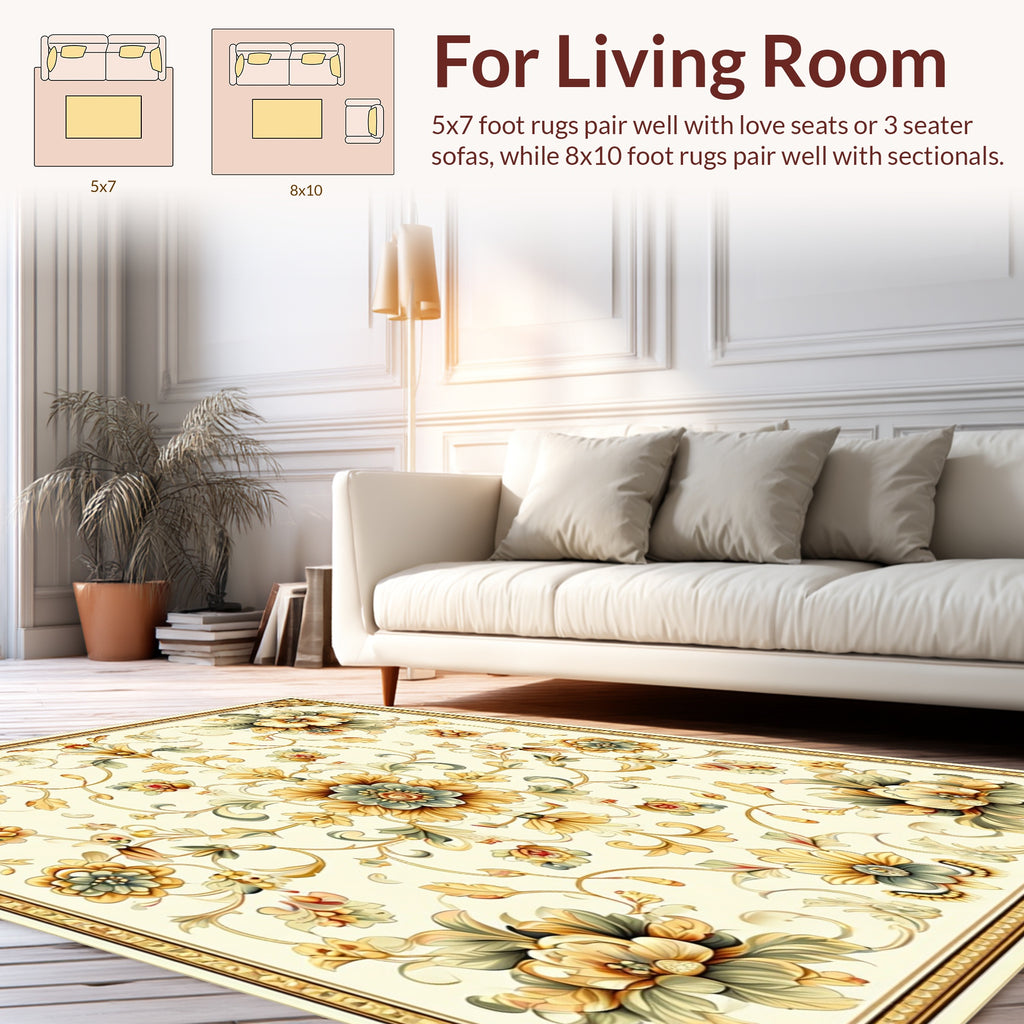 Ornate Floral Pattern Cream Gold Rug