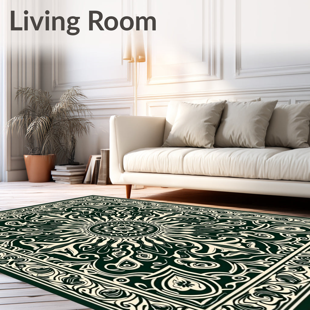 Dark Green Cream Mandala Ornament Rug