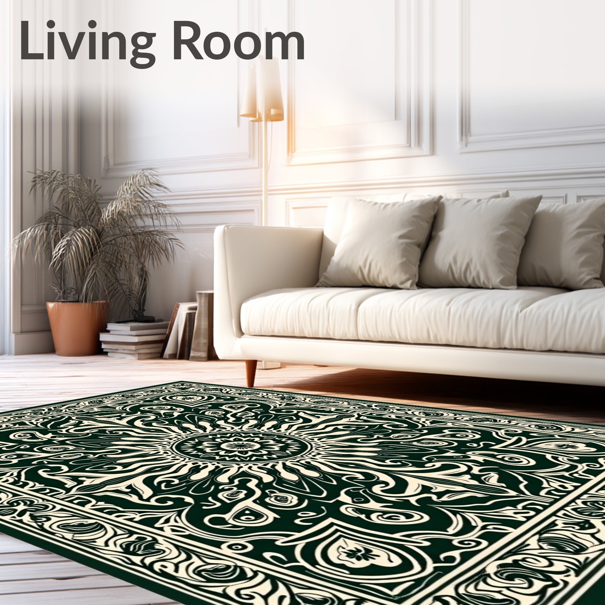 Dark Green Cream Mandala Ornament Rug
