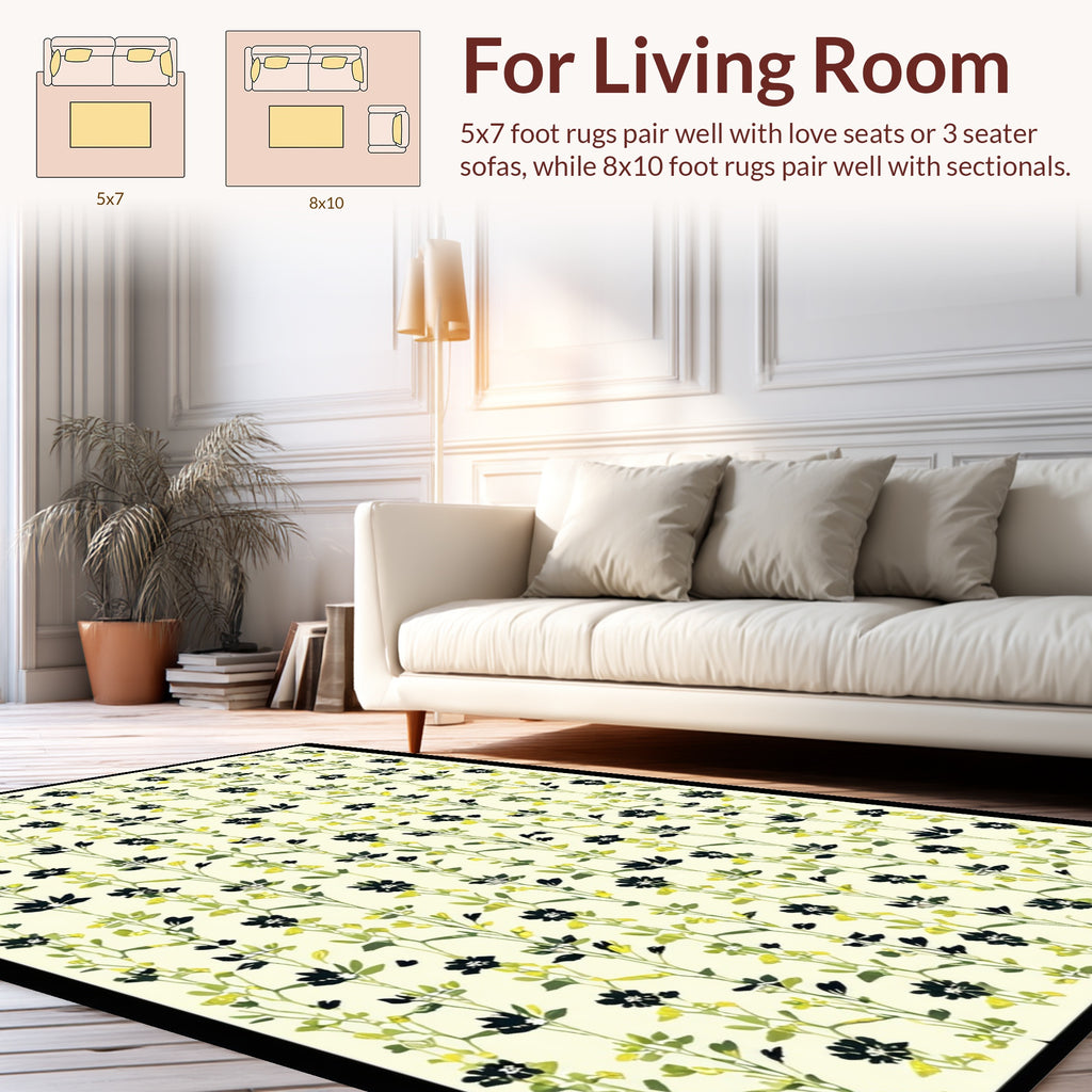 Whimsical Black Flower Vine Pattern Rug