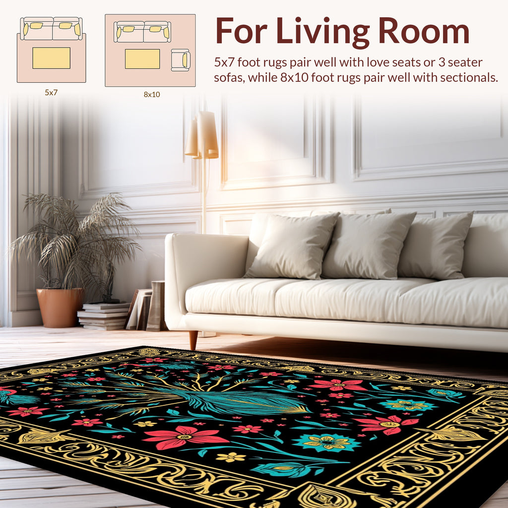 Floral Peacock With Ornate Border Design Rug
