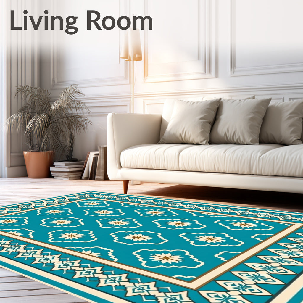 Teal Floral Medallion Border Rug