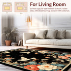 Floral Birds Butterflies Black Pattern Rug