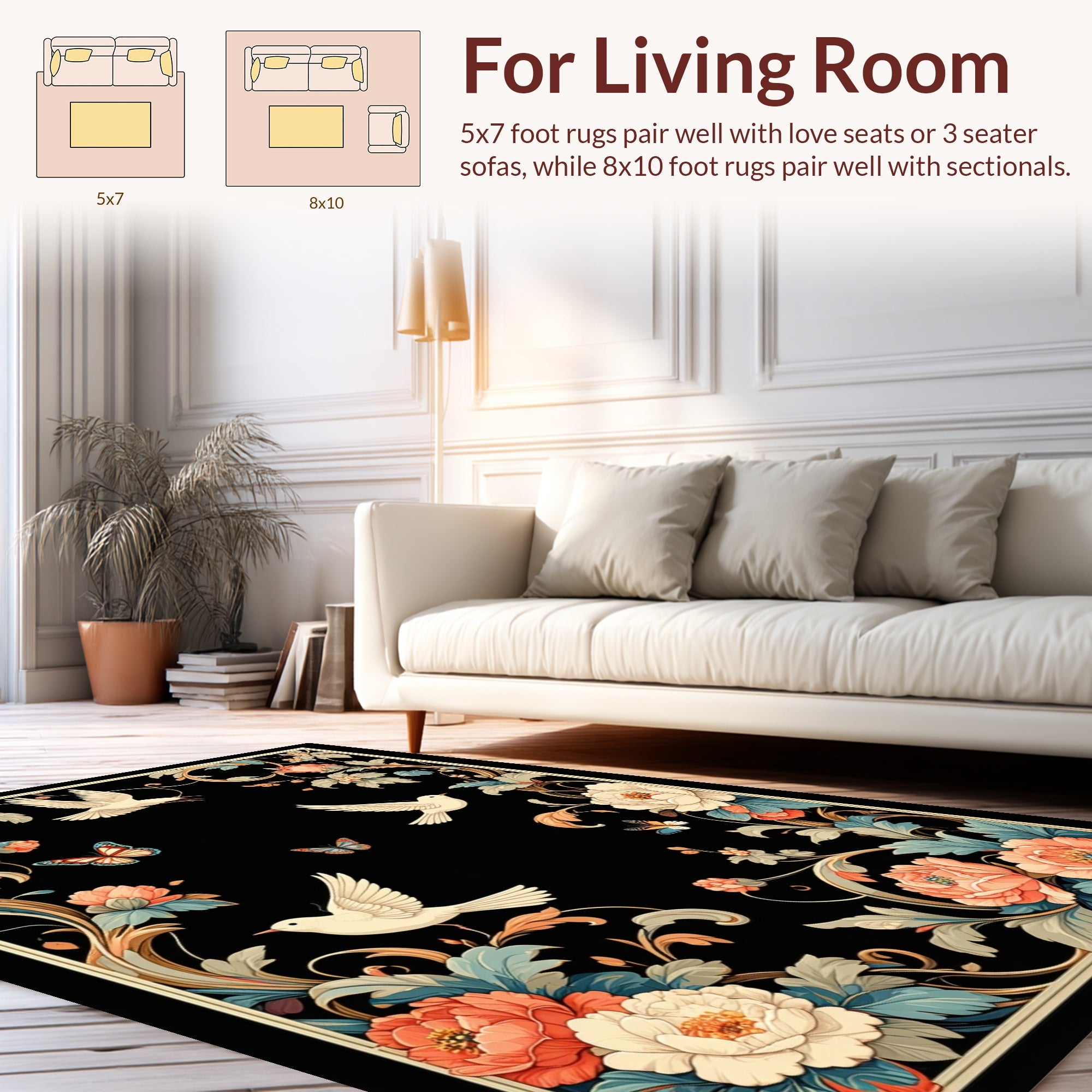 Floral Birds Butterflies Black Pattern Rug
