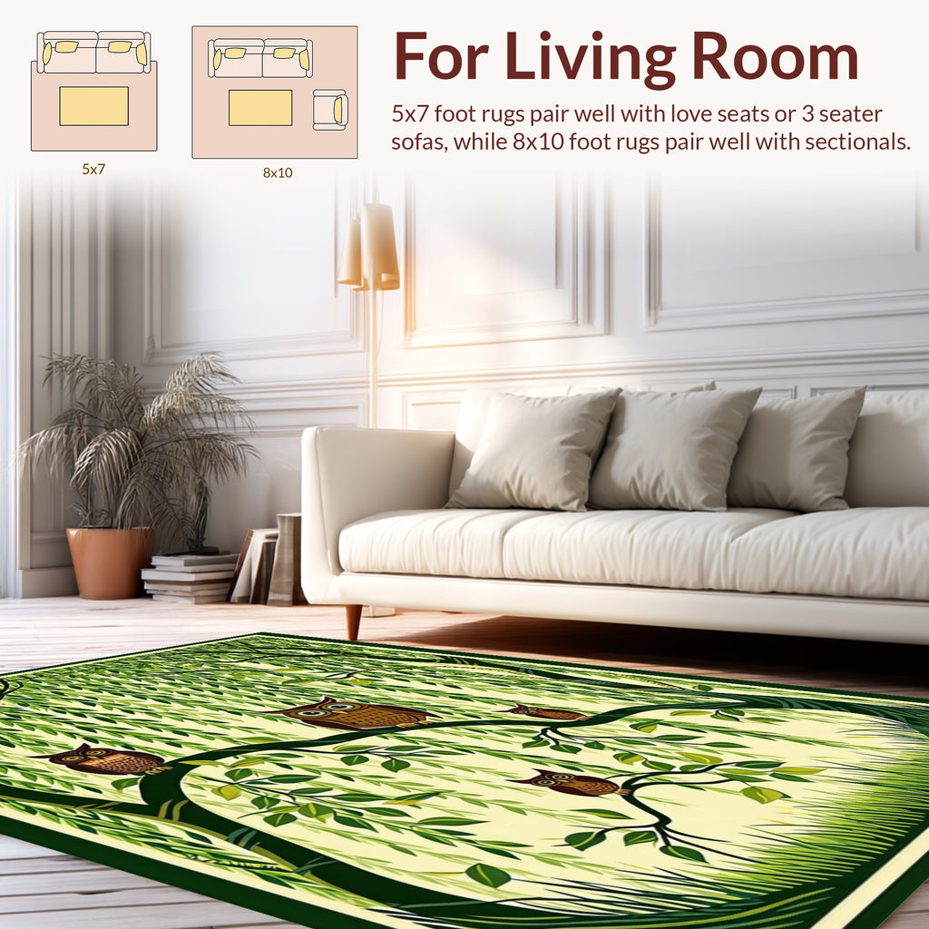 Whimsical Owl Family Forest Scene Rug