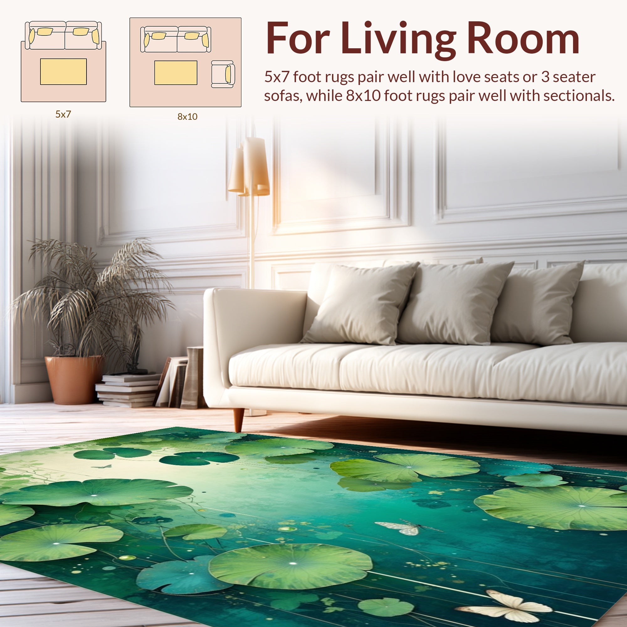 Whimsical Green Lily Pad Butterflies Design Rug