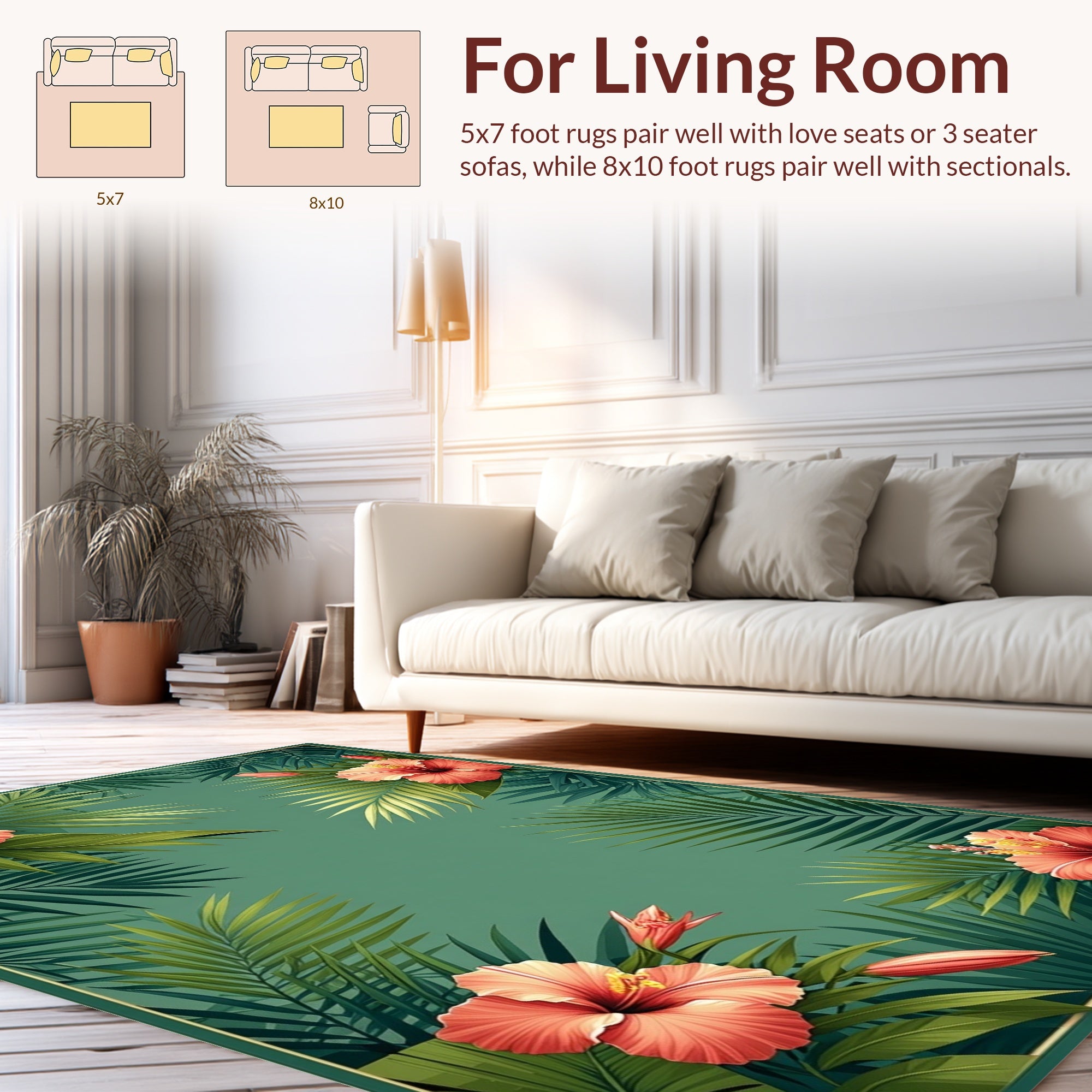 Vibrant Coral Hibiscus Jungle Print Rug