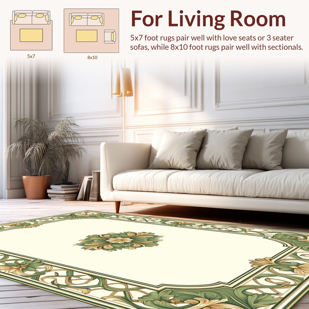 Elegant Green Gold Floral Border Rug