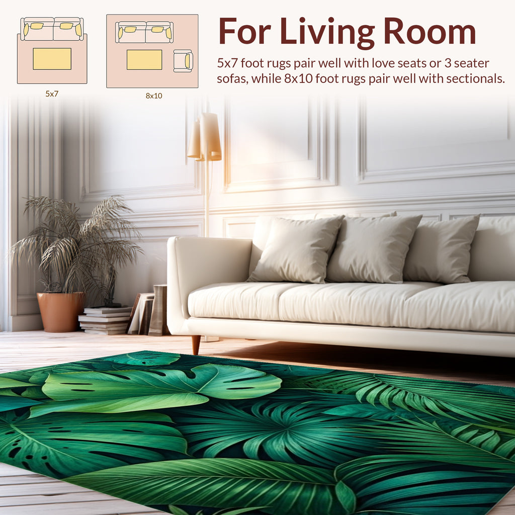 Lush Tropical Green Leaf Pattern Rug