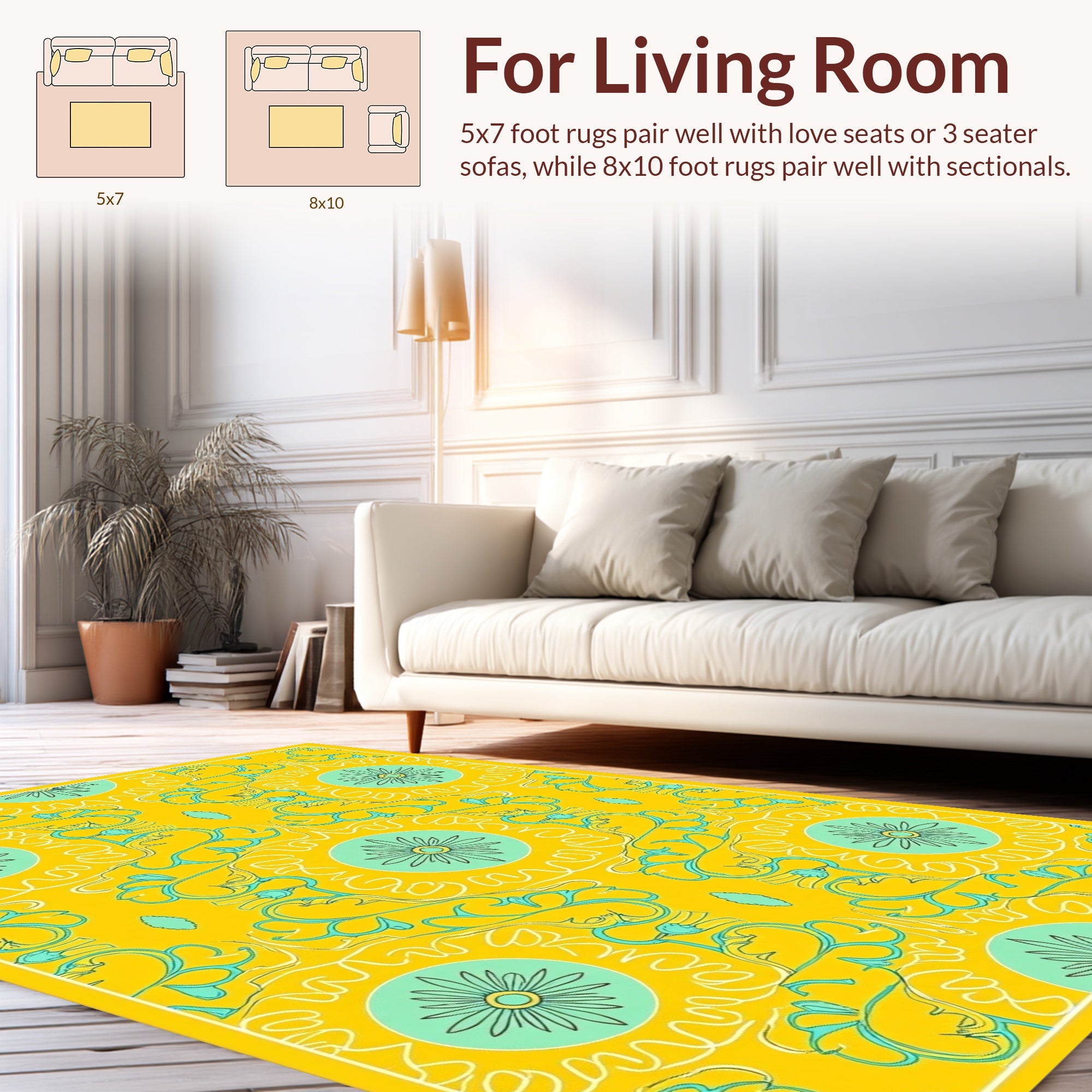 Sunny Yellow Teal Floral Pattern Rug