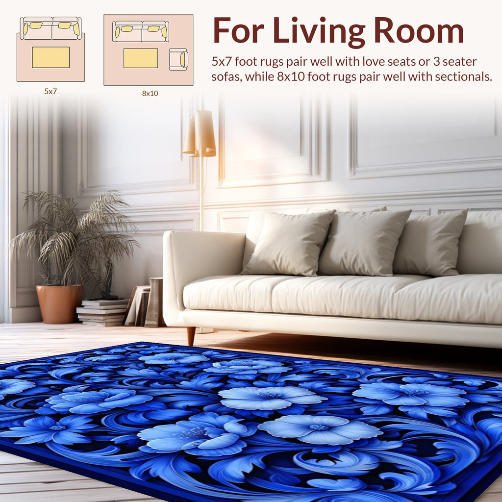 Royal Blue Floral Scroll Pattern Rug