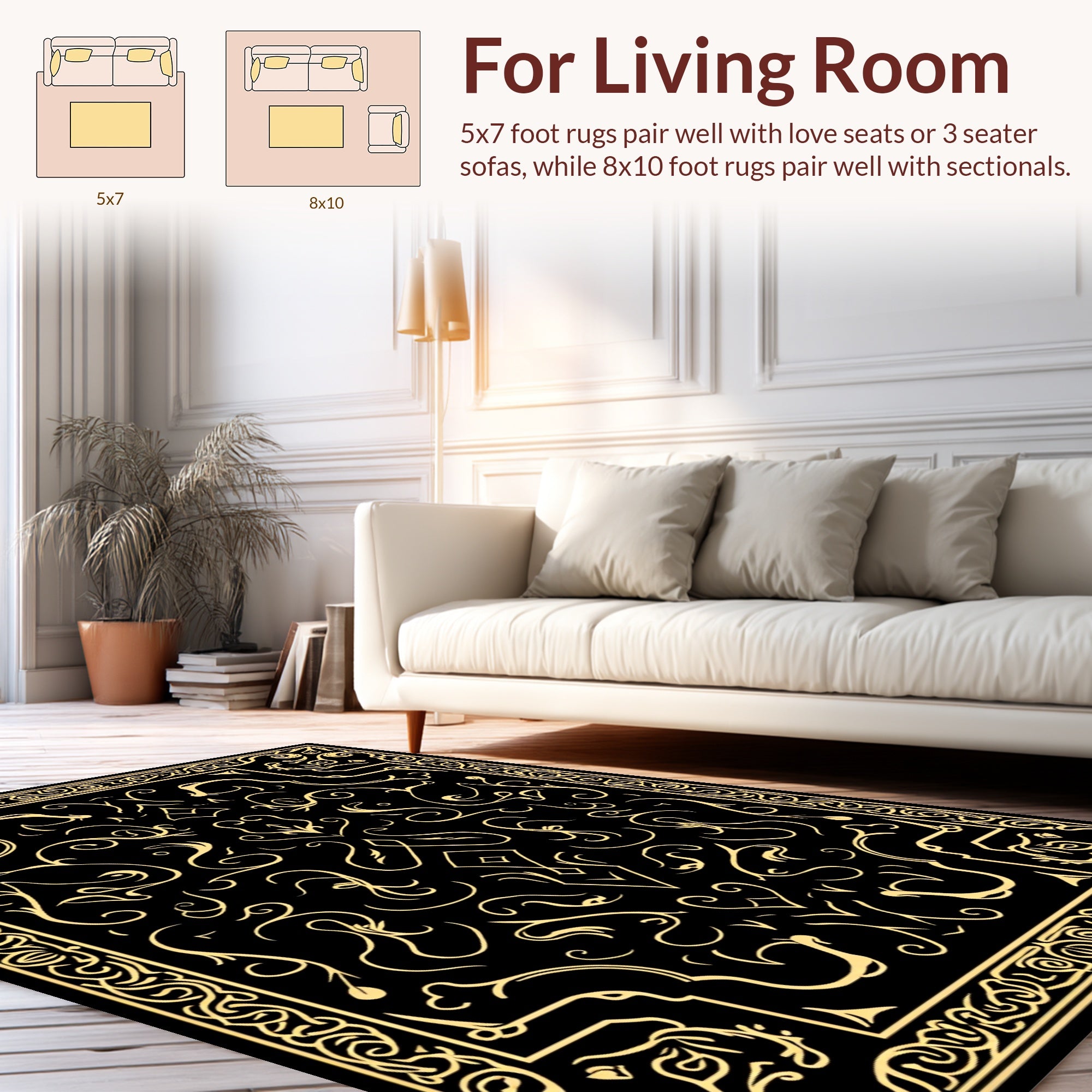 Ornate Golden Flourish Filigree Design Rug
