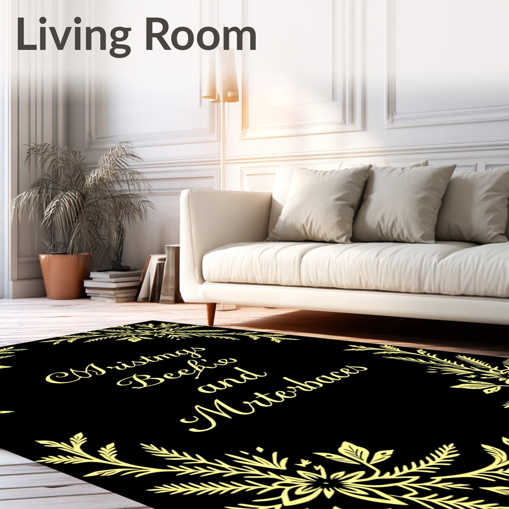 Golden Floral Swirls Black Rug
