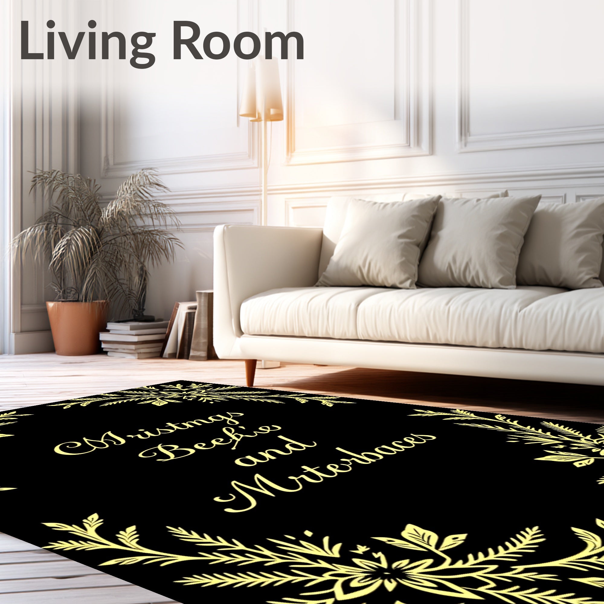 Golden Floral Swirls Black Rug