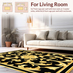 Ornate Gold Floral Black Pattern Rug