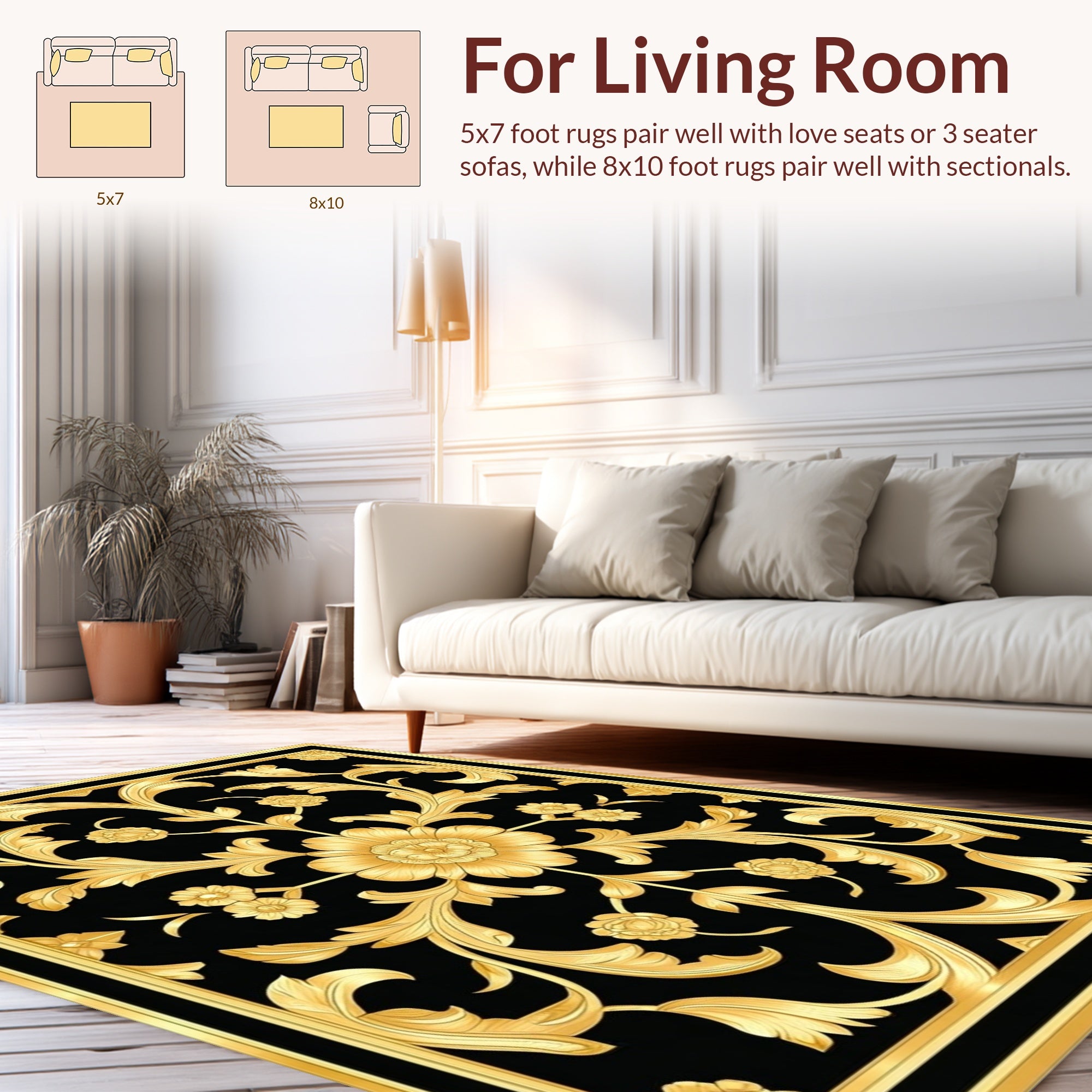 Ornate Gold Floral Black Pattern Rug