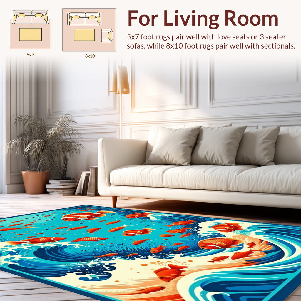 Vibrant Coral Fish Ocean Waves Design Rug