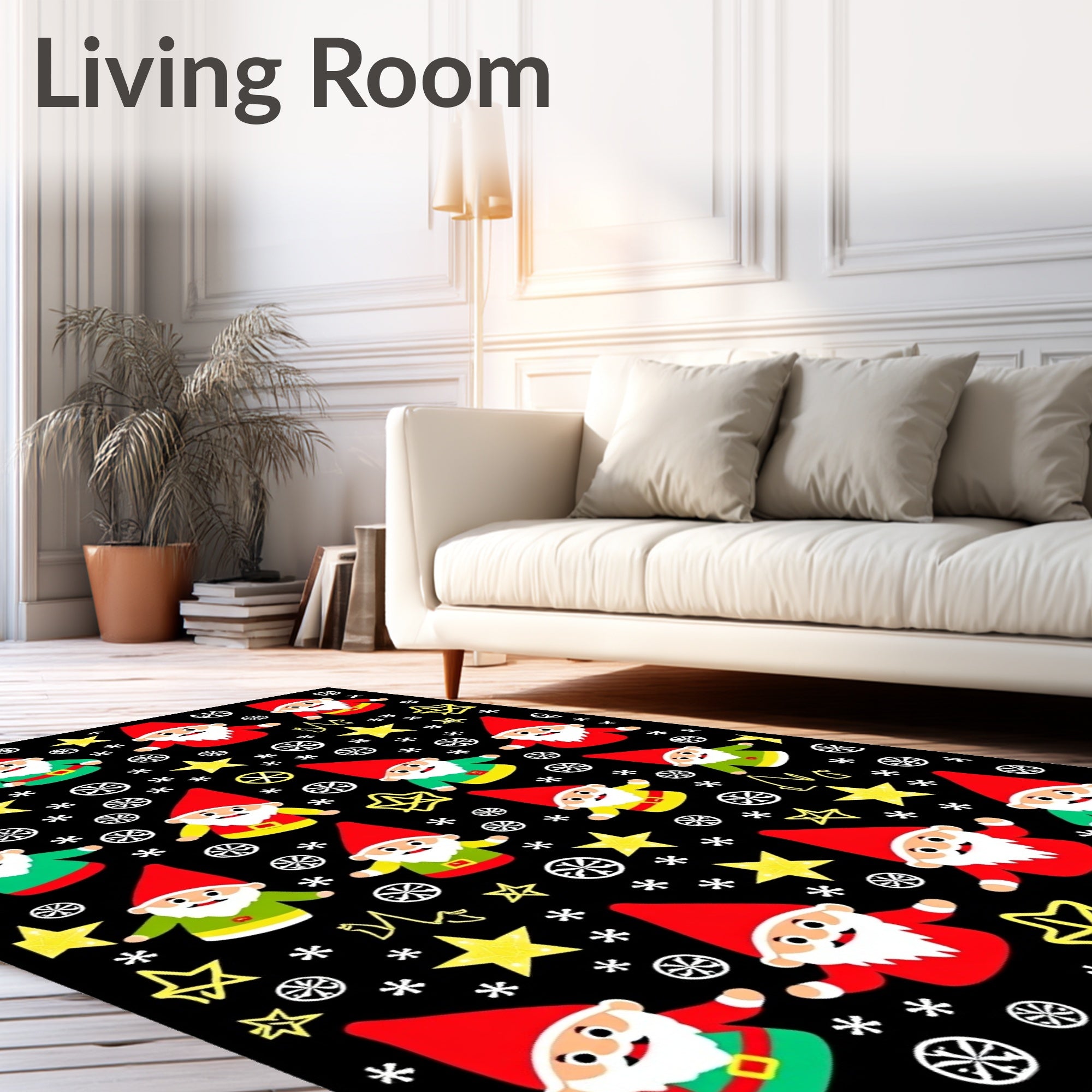 Festive Gnome Christmas Stars Black Rug